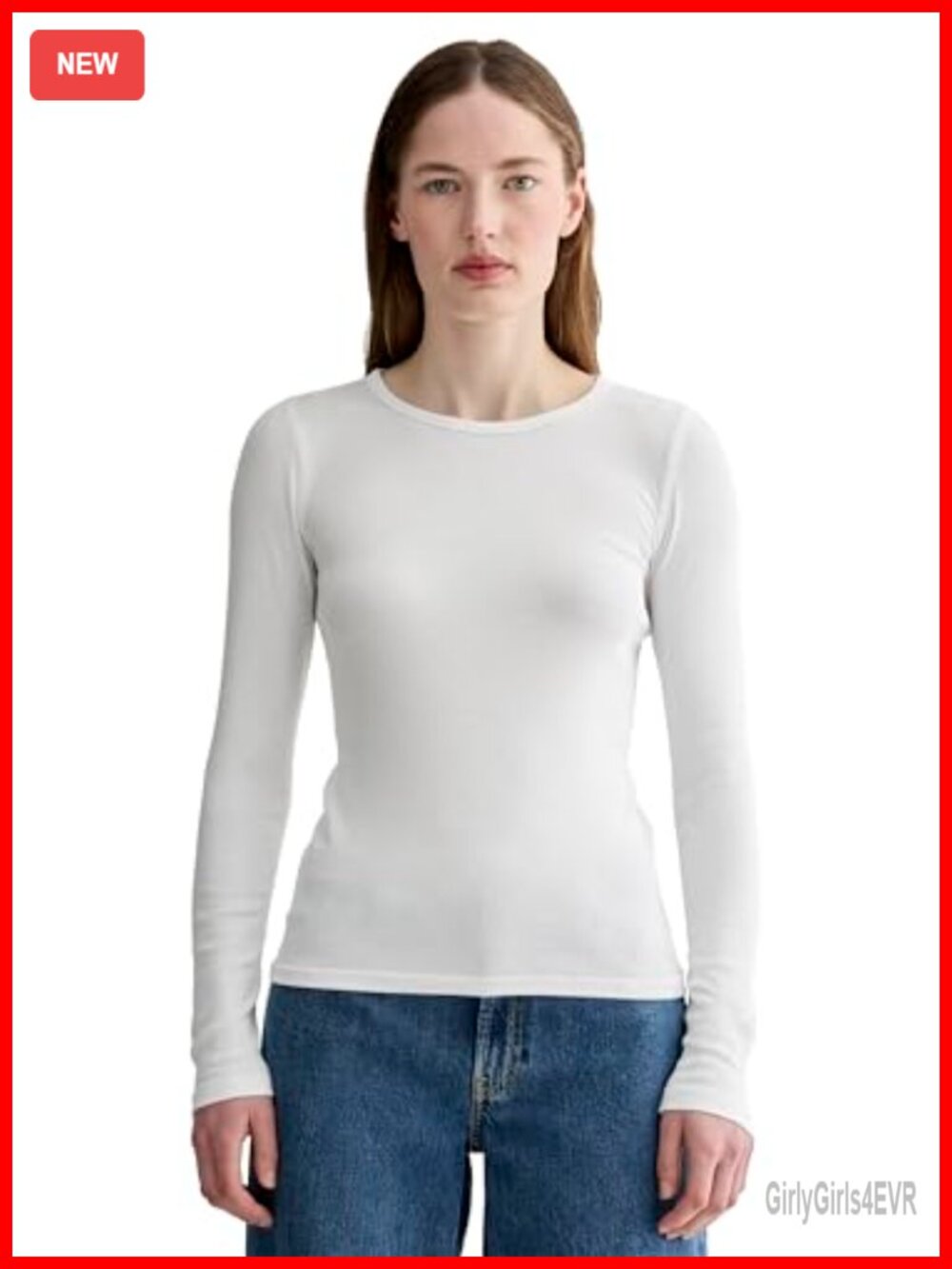Supima Cotton Ribbed Long Sleeve Crew Neck Slim Fit Pullover Top